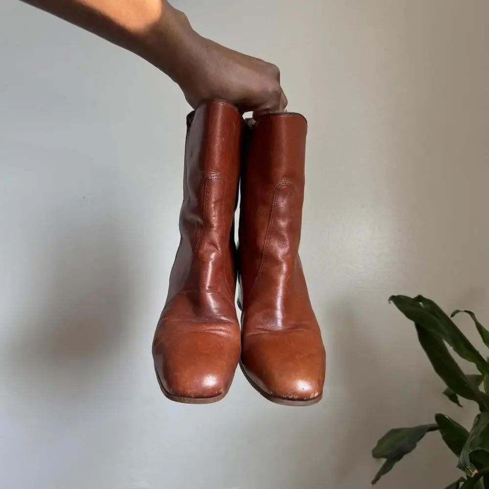 Rare Vintage 70s/80s Cognac Leather Faux Fur‎ Lined Boots -Size 8